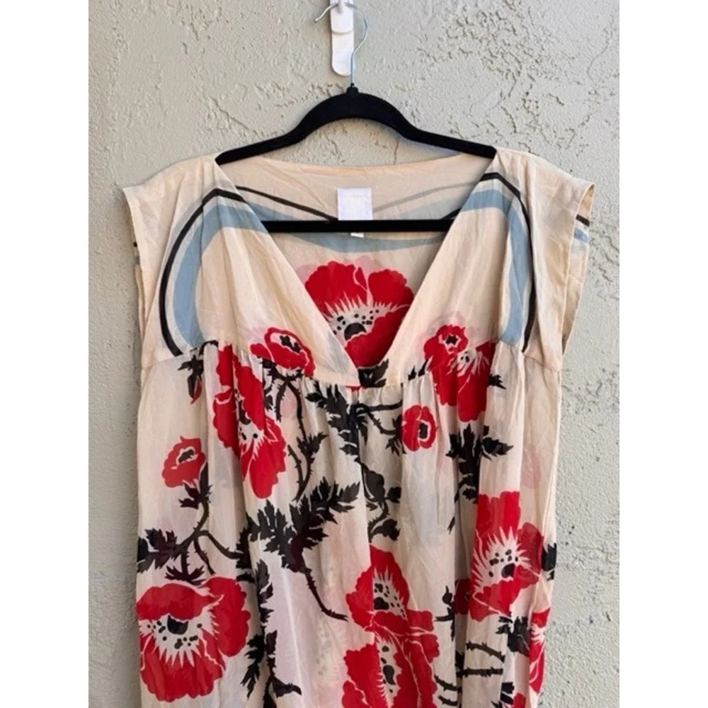 Anna Sui Cream Poppy Floral Sheer Sleeveless Shift Dress SMALL Designer Boho - Picture 3 of 9